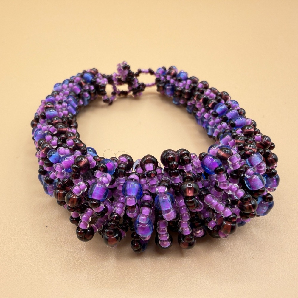 Purple Blue Glass Seed Bead Cluster Bracelet Handmade Boho Statement Festival